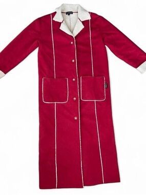 Wool-Blend Long Trench Coat with Contrast Trim - Red